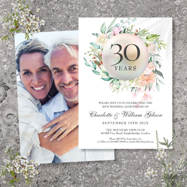 Invitation Roses d'anniversaire de mariage de 30 ans Photo de (30th Wedding Anniversary Roses Floral Pearl Photo Invitation)