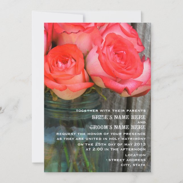 Invitation Roses Dans Un Mason Jar Grange Mariage En Bois Inv (Devant)