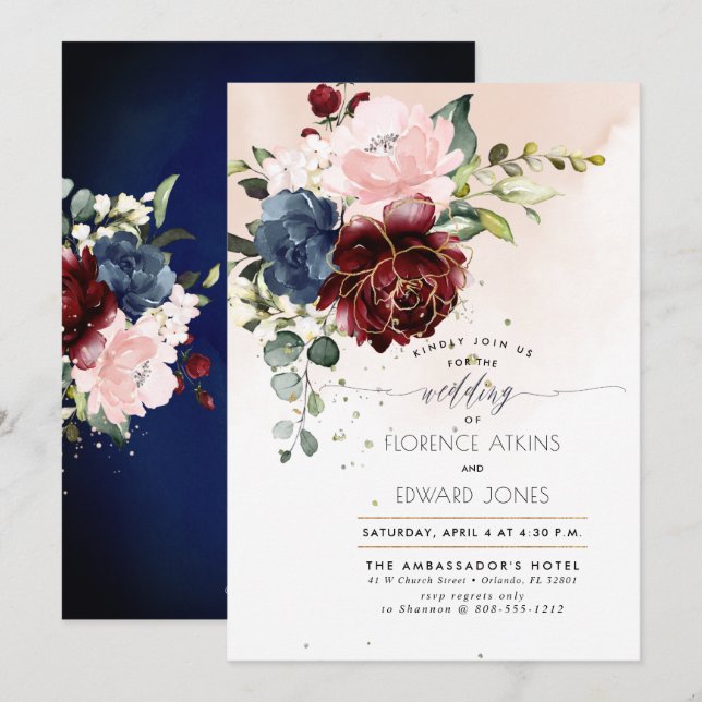 Invitation Roses d'aquarelle de la marine de Bourgogne (Devant / Derrière)