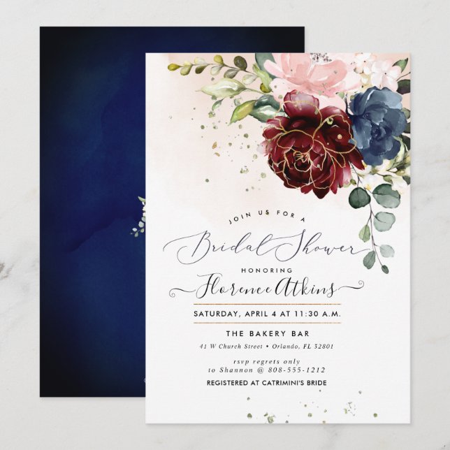 Invitation Roses d'aquarelle de la marine de Bourgogne (Devant / Derrière)