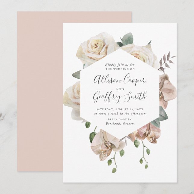 Invitation Roses d'aquarelle et Orchidées Mariage de cadre fl (Devant / Derrière)