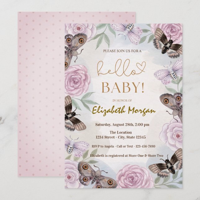 Invitation Roses d'aquarelle papillons Baby shower des points (Devant / Derrière)