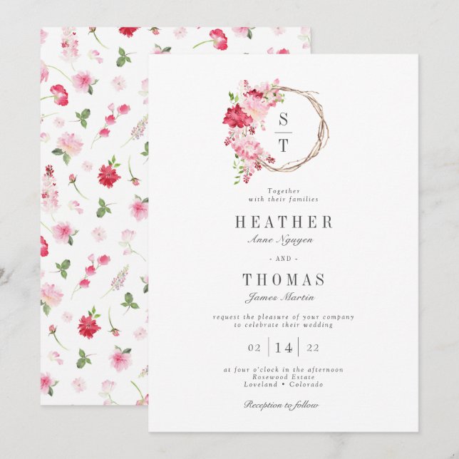 Invitation Roses d'aquarelle rouge Monogramme Mariage de cour (Devant / Derrière)