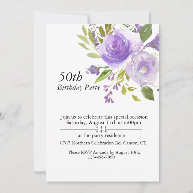 Invitation Roses d'aquarelle violet, personnalisable 50e anni (Devant)