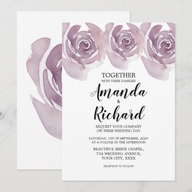 Invitation Roses d'aquarelle violette jolie Mariage nuptiale (Devant / Derrière)