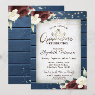 Invitation Roses de Bourgogne, Marine Blue Wood Quinceañera