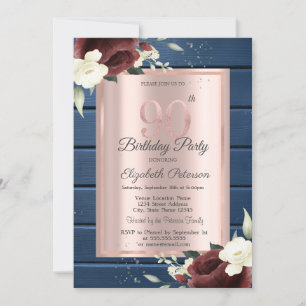 Invitation Roses de Bourgogne, Rose en Bois Bleu Or 90e Anniv