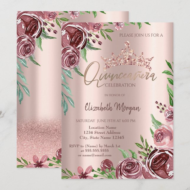 Invitation Roses de Bourgogne, Rose Gold Crown Quinceañera (Devant / Derrière)
