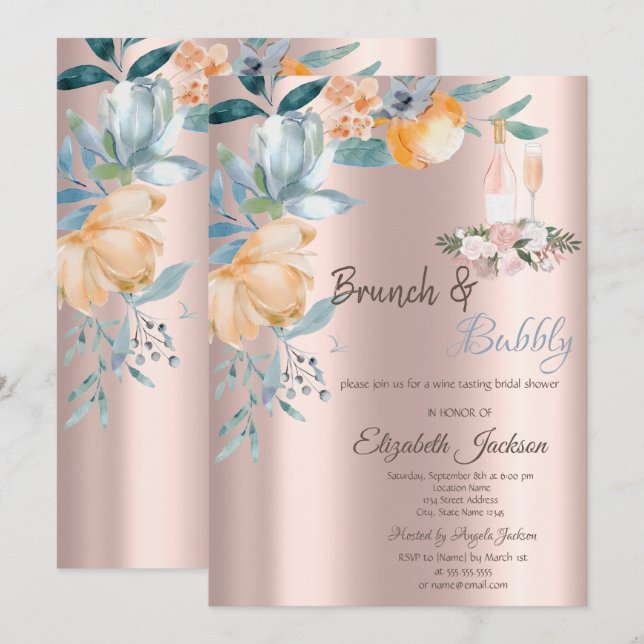 Invitation Roses de brunch, Vin, Fête des mariées Rose or (Devant / Derrière)