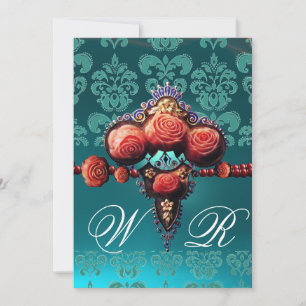 INVITATION ROSES DE CORAIL ROUGE, AQUA BLUE BLACK DAMASK MONO
