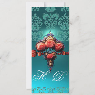 INVITATION ROSES DE CORAIL ROUGE, AQUA BLUE BLACK DAMASK MONO