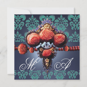 INVITATION ROSES DE CORAIL ROUGE, AQUA BLUE BLACK DAMASK MONO