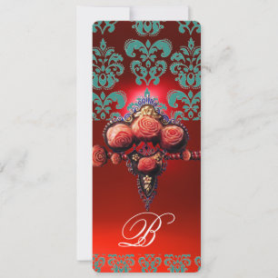 INVITATION ROSES DE CORAIL ROUGE, MONOGRAMME BLEU BLEU TURQUO