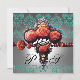 INVITATION ROSES DE CORAIL ROUGE, MONOGRAMME DE DOMMAQUES BLA