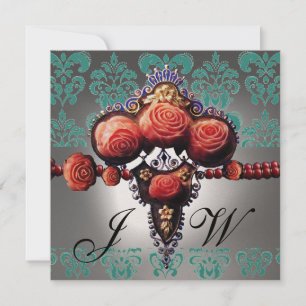 INVITATION ROSES DE CORAIL ROUGE, MONOGRAMME DE DOMMAQUES BLA