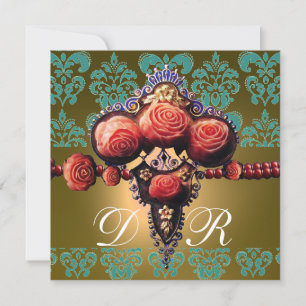 INVITATION ROSES DE CORAIL ROUGE, MONOGRAMME DE DOMMASQUES JA