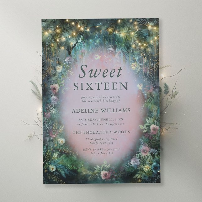 Invitation Roses de forêt enchantés Misty rose vert doux 16 (enchanted forest sweet sixteen invite wild roses misty pink emerald green magical woodland fairytale)