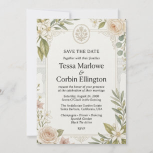 Invitation Roses de jardin neutres, fleurs d'agrumes, branche