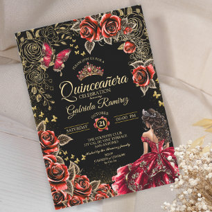Invitation Roses de la Couronne Dorée Rouge et Noire Quinceañ