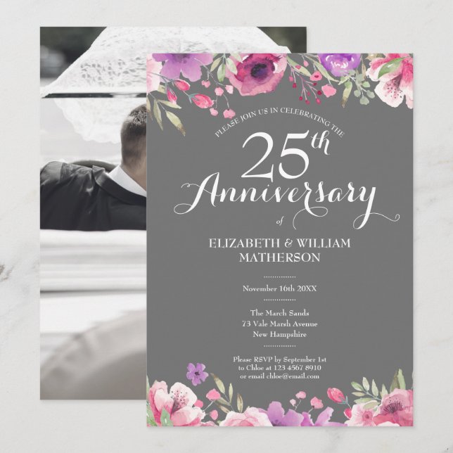 Invitation Roses de la florale photo Mariage du 25e anniversa (Devant / Derrière)