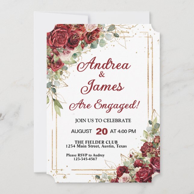 Invitation Roses de mariage cadre rouge profond et or (Devant)