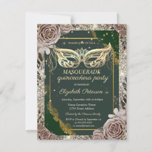 Invitation Roses de mascarade dorées Paillettes Vertes Quince