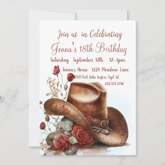 Invitation Roses de pays, Casquette Cowboy, 18e anniversaire (Devant)