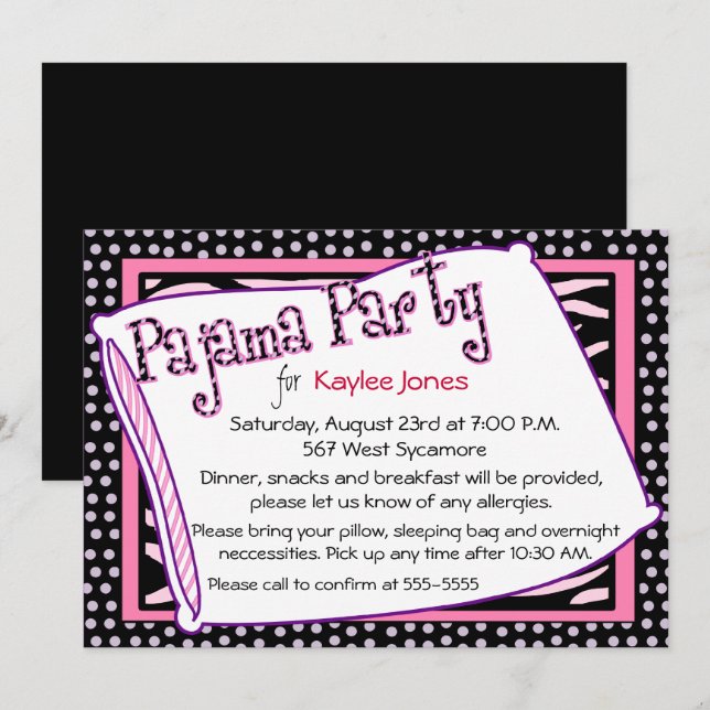 Invitation Roses de point de polka de partie de pyjama (Devant / Derrière)