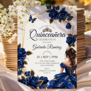 Invitation Roses de Quinceañera Couronne de Tiara Bleu Marine