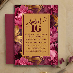 Invitation Roses de style Bourgogne rose doré Sweet Sixteen