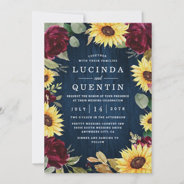 Invitation Roses de tournesol Bourgogne Rouge et Mariage bleu (Devant)