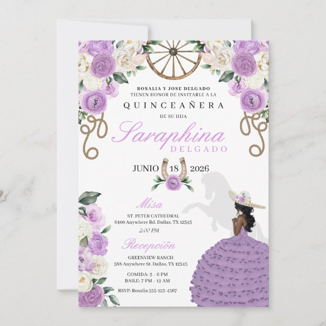 Invitation Roses de violet et d'ivoire, Western Cowgirl Quinc (Devant)