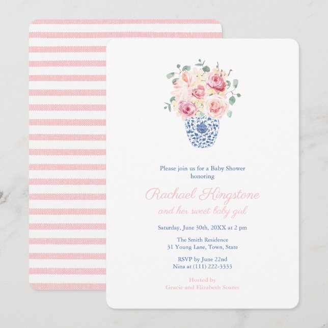 Invitation Roses D'Été Baby shower Fille Vase Bleu Et Blanc (Devant / Derrière)