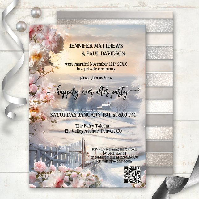 Invitation Roses d'hiver heureux à jamais après Mariage (Happily ever after wedding party invitation featuring a winter wonderland scene at sunset with roses)