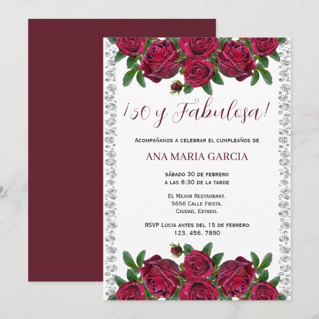 Invitation Roses & Diamonds Feminine 50th Birthday Spanish (Devant / Derrière)