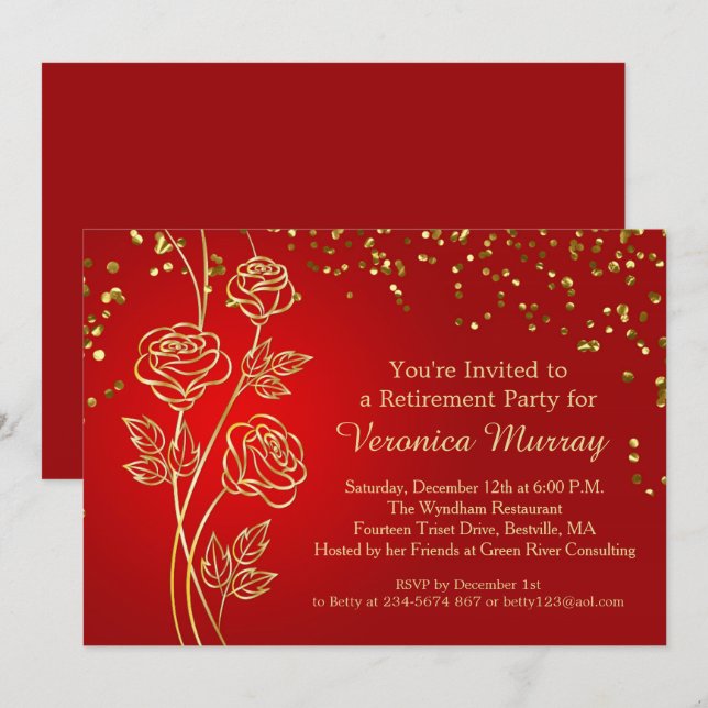 Invitation roses d'or, confettis sur le parti rouge de la ret (Devant / Derrière)