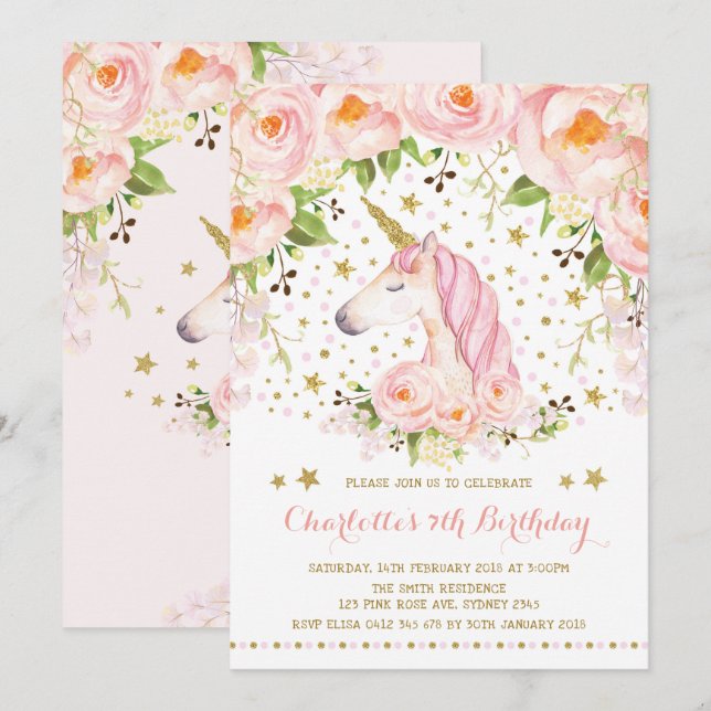 Invitation Roses d'or rose floral Unicorne fête d'anniversair (Devant / Derrière)