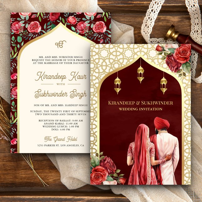 Invitation Roses d'or rouge Floral Anand Karaj Sikh Mariage (Créateur téléchargé)