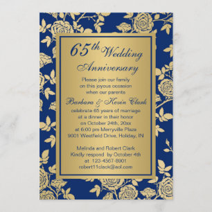 Invitation Roses dorées pour le 65e anniversaire sur fond ble