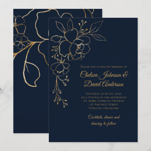Invitation Roses dorés sur Mariage bleu foncé