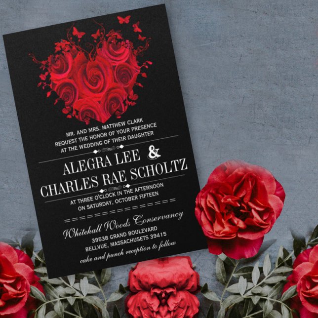 Invitation Roses du coeur rouge et noir Mariages papillon (Créateur téléchargé)