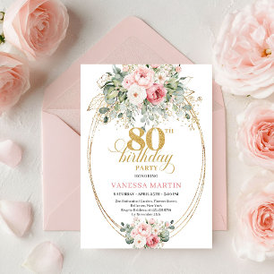 Invitation Roses Écarlates Raffinées Eucalyptus Or 80e Annive
