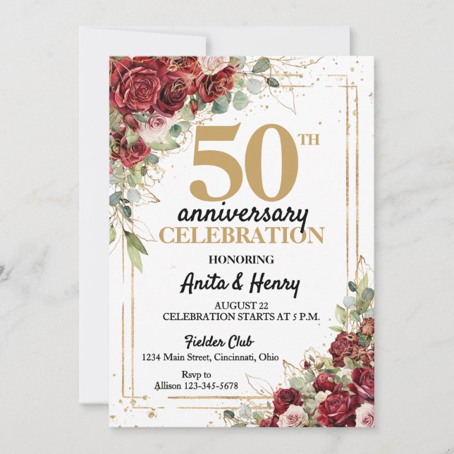 Invitation Roses encadrées Deep Red & Gold pour 50e anniversa (Devant)