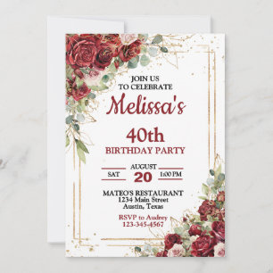 Invitation Roses encadrées rouge foncé et or pour anniversair