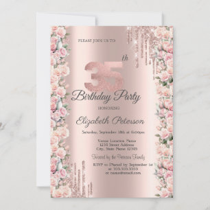 Invitation Roses encadrent des gouttes de rose dorée 35e anni