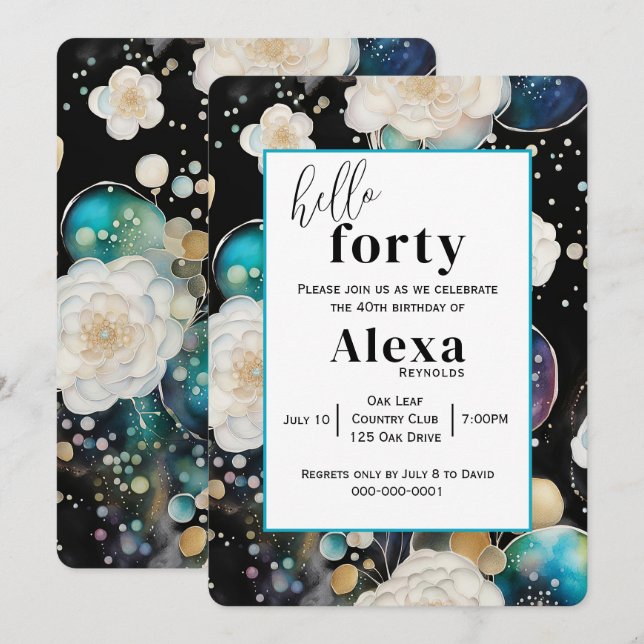 Invitation Roses et bulles Abstraite fête du 40e anniversaire (Devant / Derrière)