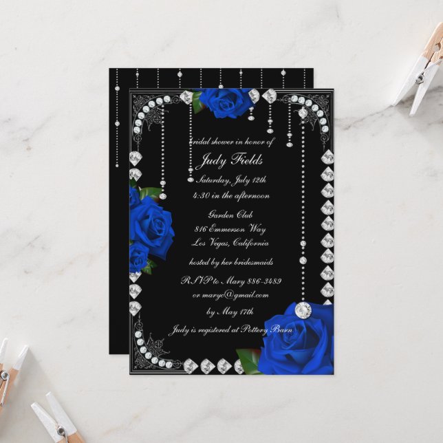 Invitation Roses Et Diamants Bleus Romantiques Fête des marié (Devant/Arrière en situation)