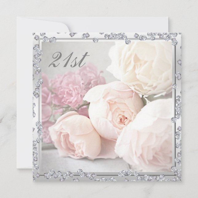 Invitation Roses et diamants romantiques 21e anniversaire (Devant)