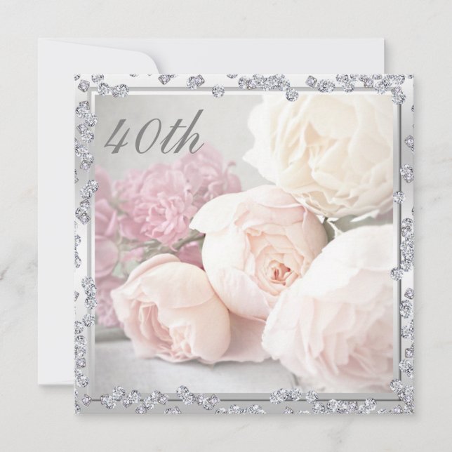 Invitation Roses et diamants romantiques 40e anniversaire (Devant)