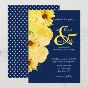 Invitation Roses et marguerites jaunes mariages sur bleu fonc
